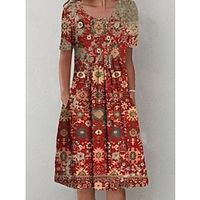 Women's A Line Dress Knee Length Dress Red Short Sleeve Floral Print Ruched Print Spring Summer Crew Neck Vacation Modern 2022 S M L XL XXL 3XL Lightinthebox - thumbnail