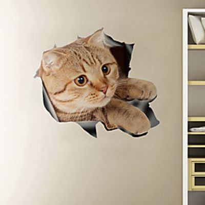3D Broken Wall Cute Naughty Cat Cartoon Home Background Decoration Removable Sticker miniinthebox