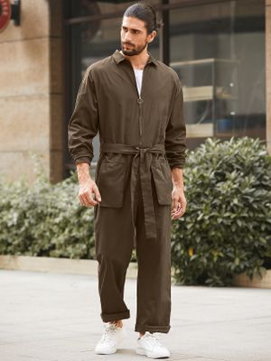 Men Japanese Retro Belted Long Sleeve Overalls Jumpsuit Men Japanese Retro Belted Long Sleeve Overalls Jumpsuit