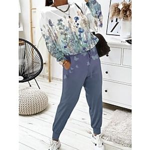 Women's Sweatshirt Tracksuit Pants Sets Floral Blue Purple Green Print Drawstring Long Sleeve Outdoor Casual Sports Daily Round Neck Regular Fit Spring   Fall Lightinthebox