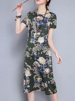 Vintage Floral Printed O Neck Short Sleeves Dresses For Women