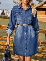 Women's Washed Denim Loose Casual Long-sleeved Dress With Adjustable Buttons