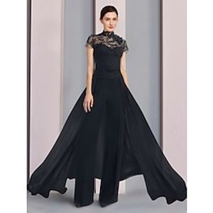 Jumpsuit  Pantsuit Mother of the Bride Dress Wedding Guest Elegant Jewel Neck Floor Length Stretch Chiffon Short Sleeve with Lace Ruching Solid Color 2023 Lightinthebox