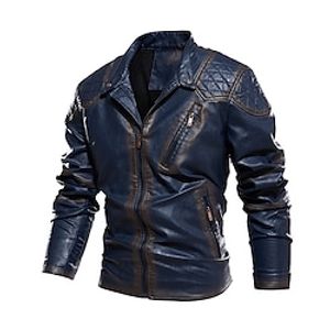 Men's Leather Jacket Outdoor Daily Wear Warm Zipper Pocket Fall Winter Plain Fashion Streetwear Lapel Regular Black Green Dark Blue Coffee Jacket Lightinthebox