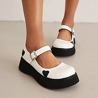 Women's Flats Flat Heel Round Toe Daily PU Leather Buckle Solid Colored Black White miniinthebox - thumbnail