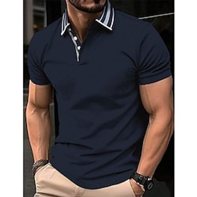 Men's Polo Shirt Button Up Polos Work Business Lapel Short Sleeve Fashion Basic Stripes Button Summer Regular Fit Navy Blue Polo Shirt Lightinthebox