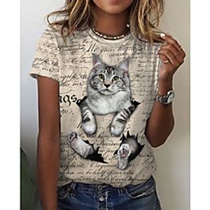 Women's 3D Cat T shirt Cat Graphic 3D Print Round Neck Basic Tops White Beige miniinthebox