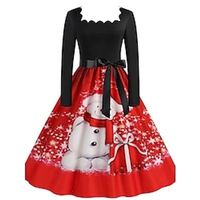 Women's Red Christmas Dress Christmas Dress Letter Snowman Print Ruched Square Neck Midi Dress Fashion Streetwear Outdoor Christmas Long Sleeve Regular Fit Black Wine Light Red Fall Winter S M L XL Lightinthebox