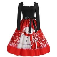 Women's Red Christmas Dress Christmas Dress Letter Snowman Print Ruched Square Neck Midi Dress Fashion Streetwear Outdoor Christmas Long Sleeve Regular Fit Black Wine Light Red Fall Winter S M L XL Lightinthebox - thumbnail