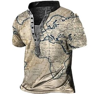 Men's Henley Shirt Tee Graphic Map Henley Clothing Apparel 3D Print Outdoor Daily Short Sleeve Button-Down Print Fashion Casual Comfortable Lightinthebox
