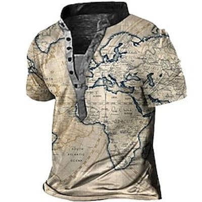 Men's Henley Shirt Tee Graphic Map Henley Clothing Apparel 3D Print Outdoor Daily Short Sleeve Button-Down Print Fashion Casual Comfortable Lightinthebox