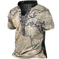 Men's Henley Shirt Tee Graphic Map Henley Clothing Apparel 3D Print Outdoor Daily Short Sleeve Button-Down Print Fashion Casual Comfortable Lightinthebox - thumbnail