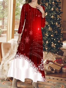 Casual Christmas Snowflakes Print Crew Neck Long Sleeves Maxi Dress