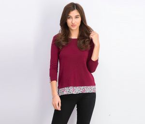 Womens Petite Printed-Trim Top  Merlot