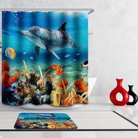 Blue Ocean Tropical Beach Dolphin Sea Life Bathroom Waterproof Shower Curtain With Mat