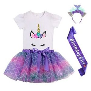 Kids Girls' New Year Clothing Set 4 Pieces Short Sleeve Multi color Blue Purple Letter Animal Party Birthday Active Cute Regular Above Knee 3-12 Years miniinthebox