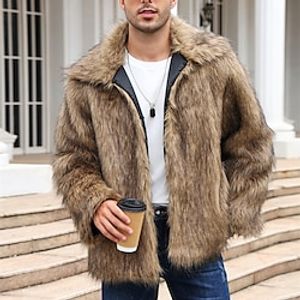 Men's Winter Coat Winter Jacket Faux Fur Coat Outdoor Daily Wear Warm Pocket Fall Winter Plain Fashion Streetwear Lapel Regular Black White Brown Light Grey Grey Jacket Lightinthebox