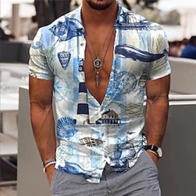 Men's Shirt Graphic Prints Conch Turndown Blue Outdoor Street Short Sleeves Print Clothing Apparel Fashion Streetwear Designer Casual Lightinthebox