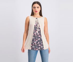 Raiden Mixed Material Back Detail Knit Top  Oatmeal Combo