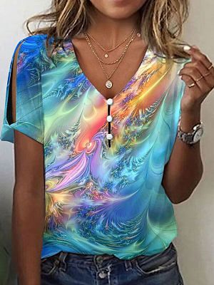 V-neck Casual Loose Print Short-sleeved T-shirt