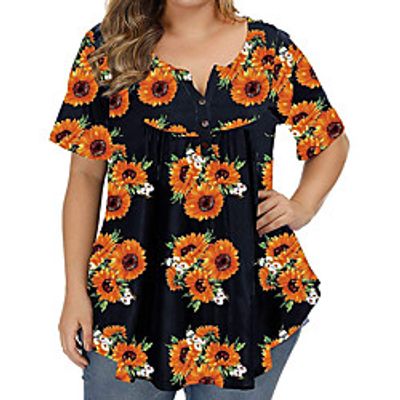 Women's Plus Size Tops T shirt Floral Sunflower Print Short Sleeve Crewneck Streetwear Hawaiian Daily Going out Polyster Spring Summer Blue White miniinthebox