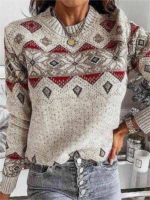 Women's Retro Geometric Diamond Contrast Color Sweater Warm Knitted Sweater Round Neck Top