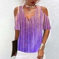 Women's T shirt Tee Striped Casual Weekend Painting T shirt Tee Short Sleeve Cut Out Cold Shoulder Print V Neck Basic Essential Purple S / 3D Print miniinthebox - thumbnail