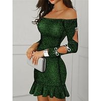 Women's Party Dress Wedding Guest Dress Bodycon Mini Dress Green Long Sleeve Pure Color Ruffle Spring Fall Winter Off Shoulder Fashion Winter Dress Wedding Guest Evening Party 2023 S M L XL Lightinthebox - thumbnail