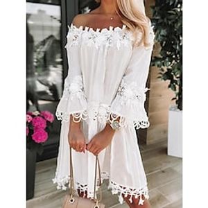 Women's Casual Dress Lace Dress Shift Dress Plain Lace Backless Off Shoulder Mini Dress Basic Elegant Outdoor Daily 3/4 Length Sleeve Loose Fit White Spring Summer S M L XL XXL miniinthebox