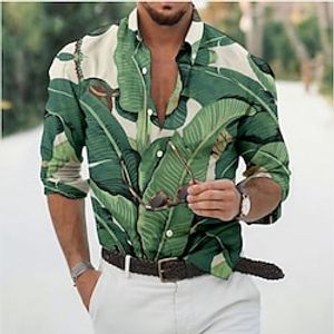 Men's Shirt Graphic Shirt Leaves Turndown Light Green Pink Dark Green Brown Green 3D Print Daily Holiday Long Sleeve 3D Print Button-Down Clothing Apparel Fashion Designer Casual Breathable miniinthebox