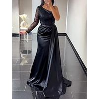 A-Line Evening Gown Elegant Dress Formal Sweep  Brush Train Black Dress Long Sleeve One Shoulder Satin with Pleats Ruched Sequin 2023 Lightinthebox - thumbnail