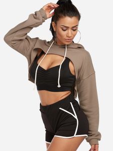 Active Round Neck Cut Out Drawstring Waist Sexy Sports Hoodies in Khaki