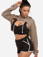 Active Round Neck Cut Out Drawstring Waist Sexy Sports Hoodies in Khaki - thumbnail