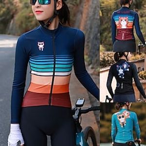 21Grams Women's Cycling Jersey Long Sleeve Bike Jersey Top with 3 Rear Pockets Mountain Bike MTB Road Bike Cycling Breathable Quick Dry Moisture Wicking Reflective Strips Black Dark Navy Blue Cat Lightinthebox