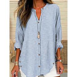 Women's Shirt Blouse Striped Daily Vacation Button Print Blue Long Sleeve Casual V Neck Spring Summer Lightinthebox
