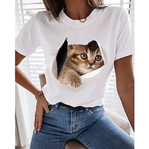 Women's 3D Cat Painting T shirt Cat 3D Print Round Neck Basic Tops Green White Black miniinthebox