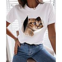 Women's 3D Cat Painting T shirt Cat 3D Print Round Neck Basic Tops Green White Black miniinthebox - thumbnail