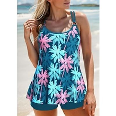 Women's Swimwear Tankini 2 Piece Normal Swimsuit 2 Piece Printing Palm Tree Blue Tank Top Bathing Suits Sports Beach Wear Holiday Lightinthebox