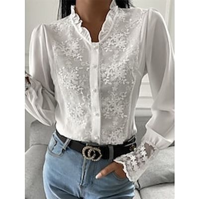 Shirt Blouse Women's White Plain Button Splice Office Street Elegant Modern Standing Collar Regular Fit S Lightinthebox