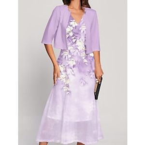 Women's Two Piece Dress Set Casual Dress Chiffon Dress Outdoor Holiday Fashion Streetwear Print Midi Dress V Neck Half Sleeve Floral Regular Fit Pink Blue Light Purple Spring S M L XL XXL Lightinthebox