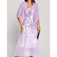 Women's Two Piece Dress Set Casual Dress Chiffon Dress Outdoor Holiday Fashion Streetwear Print Midi Dress V Neck Half Sleeve Floral Regular Fit Pink Blue Light Purple Spring S M L XL XXL Lightinthebox - thumbnail