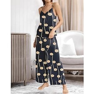 Women's Sleepwear Sets 2 Pieces Abstract Comfort Home Polyester Comfort Crew Neck Sleeveless Strap Top Adjustable Summer Spring Lake blue Black Lightinthebox