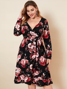YOINS Plus Size Deep V Neck Floral Print Wrap Design Long Sleeves Midi Dress