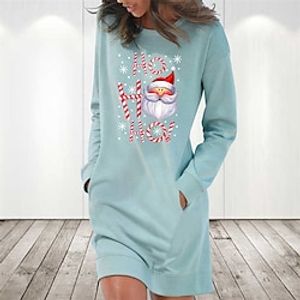 Women's Christmas Hoodie Dress Winter Dress Light Blue Grey White Long Sleeve Letter Santa Claus Snowflake Pocket Print Winter Fall Crew Neck Stylish Casual Fall Dress Loose Fit 2022 S M L XL 2XL Lightinthebox