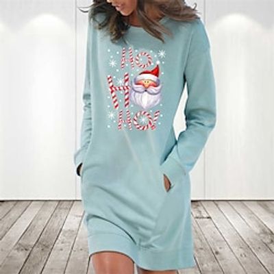 Women's Christmas Hoodie Dress Winter Dress Light Blue Grey White Long Sleeve Letter Santa Claus Snowflake Pocket Print Winter Fall Crew Neck Stylish Casual Fall Dress Loose Fit 2022 S M L XL 2XL Lightinthebox