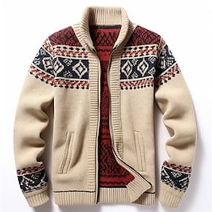 Tribal Geometry Bandana Print Retro Vintage Tribal Men's Zipper Knitting Print Cardigan Sweater Knitwear Cowichan cardigan sweater Outdoor Daily Vacation Long Sleeve Stand Collar Sweaters Wine Navy Lightinthebox
