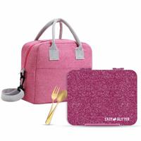 Eazy Kids 6 & 4 Convertible Bento Lunch Box With Lunch Bag And Spoon Fork Set - Glitter Pink