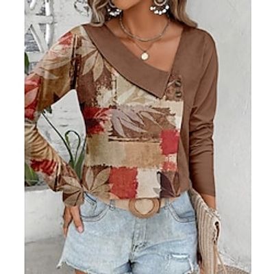 Women's Blouse Brown Leaf Button Print Long Sleeve Casual Fashion V Neck Regular Fit Floral Spring   Fall Lightinthebox