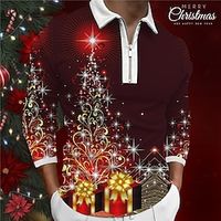 Christmas Tree Casual Men's 3D Print Zip Polo Golf Polo Outdoor Casual Daily Streetwear Christmas Polyester Long Sleeve Turndown Zip Polo Shirts Wine Fall  Winter S M L Lapel Polo miniinthebox - thumbnail