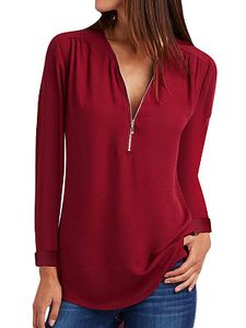 V Neck Zipper Plain Blouses